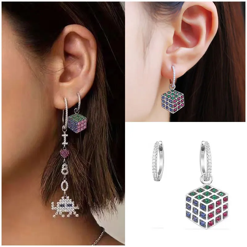 AAA + модные Micro Pave Топ кубического циркония асимметрия MAGIC серьги кубики