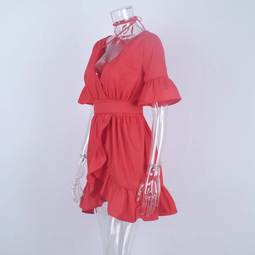 OOTN Плиссированное мини-платье, Женская туника, красный сарафан, ассиметричный глубокий v-образный вырез,, летние солнцезащитные Платья для женщин, короткий рукав, пояс