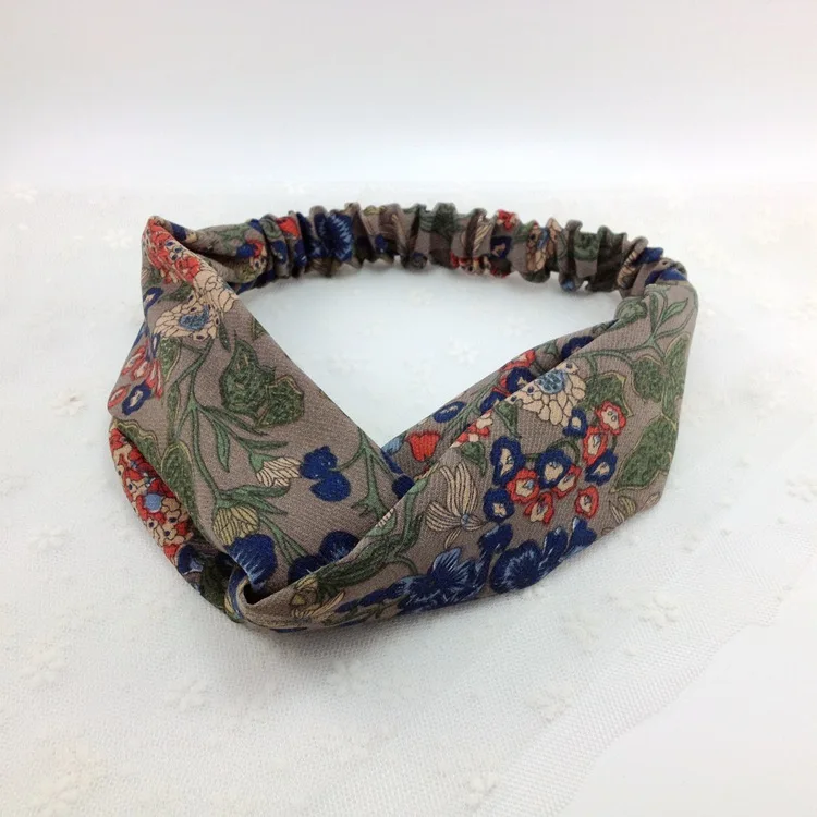 Женская мода Цветок Печати Тюрбан Ободки Hairbands Винтаж Крест Ткань Стрейч