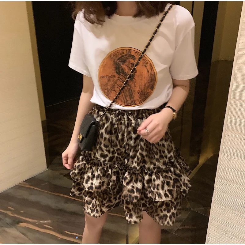 2019 summer 2 pieces sets printed cotton Tshirt tops + leopard Skirts Sets Women clothing suits tracksuit | Женская одежда