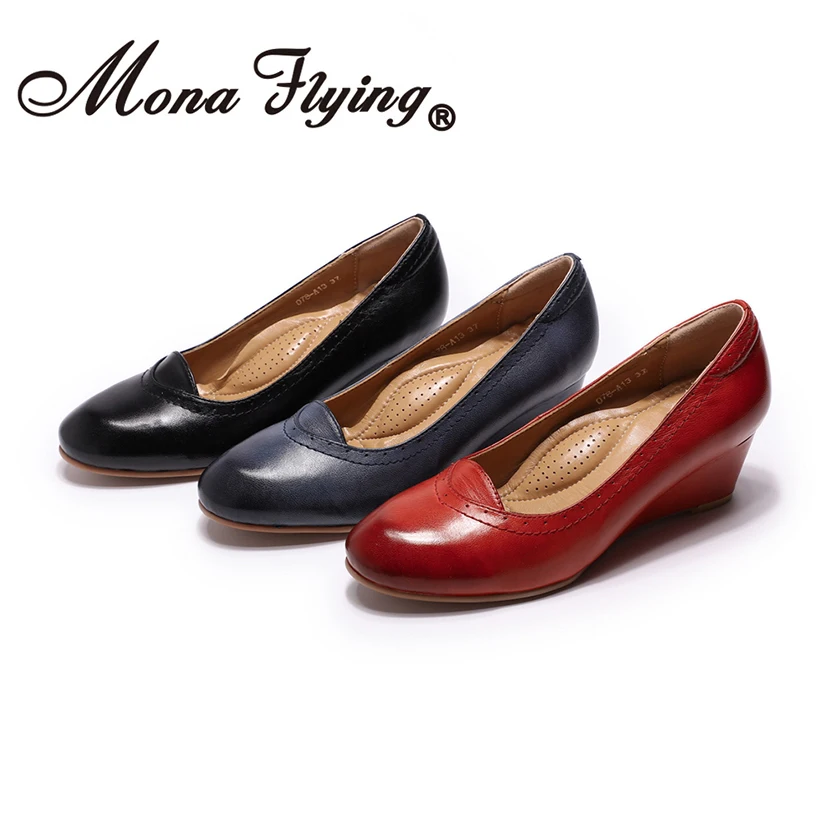 Mona Flying/женские туфли-лодочки на танкетке из натуральной кожи; модельные туфли ручной работы с круглым носком на высоком каблуке для женщин; 078-A05
