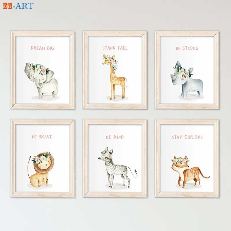 Детские животные принты Румяна розовая стена фотография постер на холсте