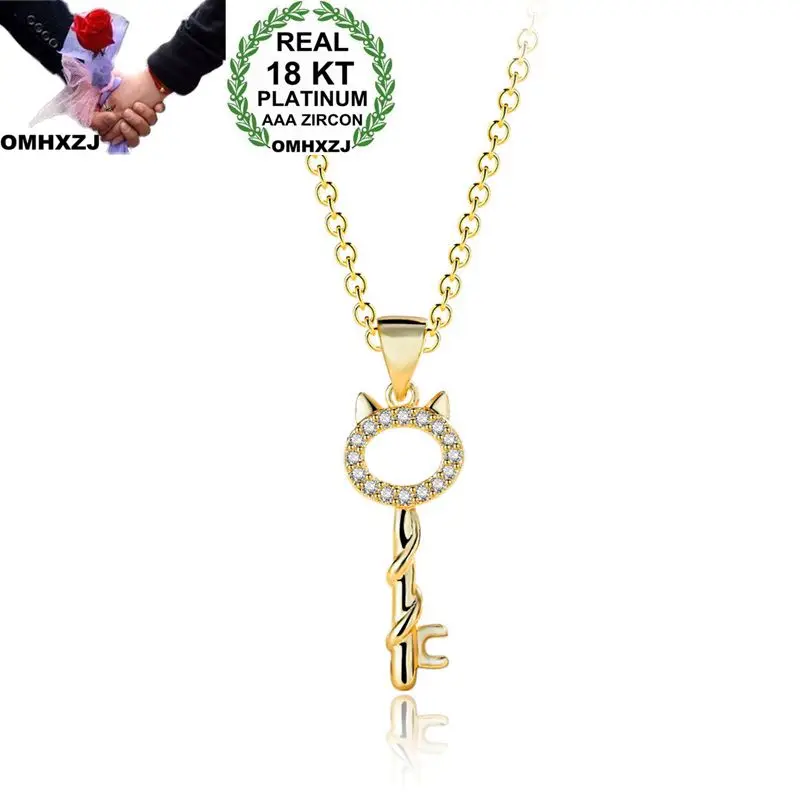 

OMHXZJ Wholesale Personality Fashion OL Woman Girl Party Wedding Gift Gold Cat AAA Zircon 18KT Gold Pendant Necklace NC142