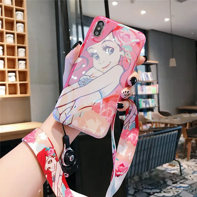 Мультяшный чехол для телефона Marie Cat для iphone Xs MAX XR X 6 6s 7 8 plus Disneys Русалка Принцесса Силиконовая задняя крышка с шейным шнурком