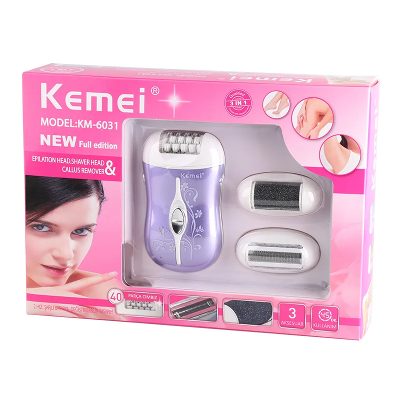 purple-with box Kemei Mini 3 в 1, электрический эпилятор, инструмент для ухода за ногами, триммер для волос, набор для женщин, устройство для удаления волос D40 - Цвет: purple-with box