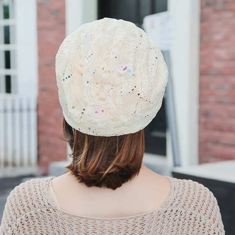 Turban Hats For Women Beanies Ladies Double Layer Lace Flower Bonnet Femme Female Baggy Cap 2018 New Summer Autumn Beanie | Аксессуары