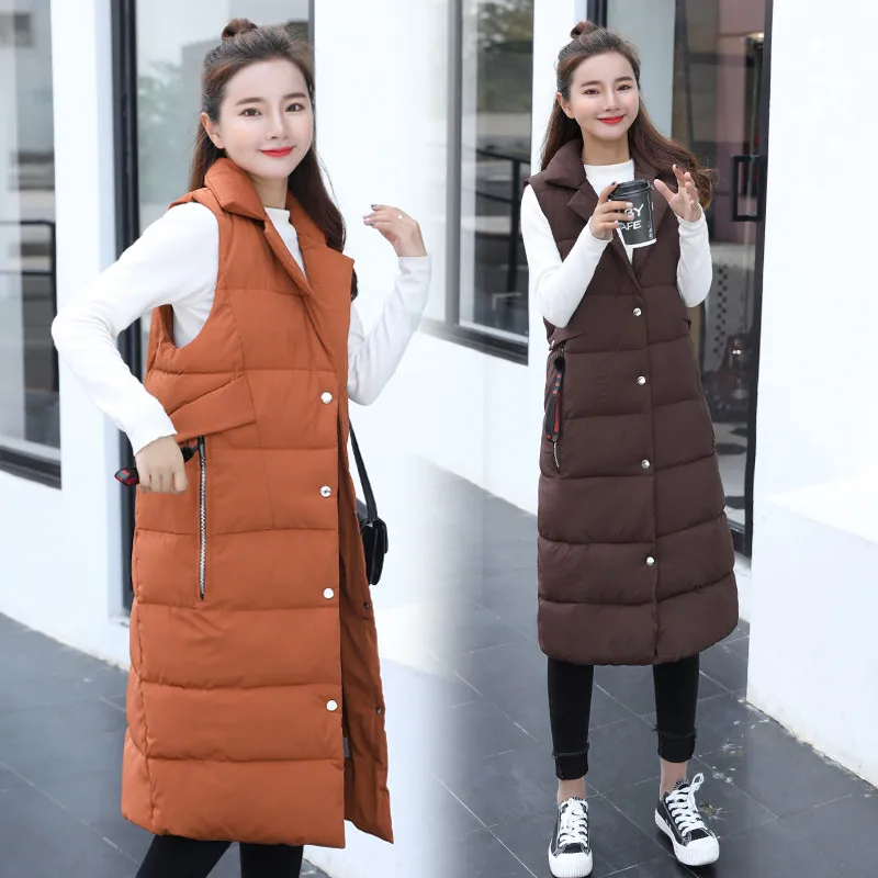 Autumn Winter Women's Vest New Arrival Fashion Female Long Vest Turn-Down Collar Button Slim Down Cotton Vest Mujer CQ2358