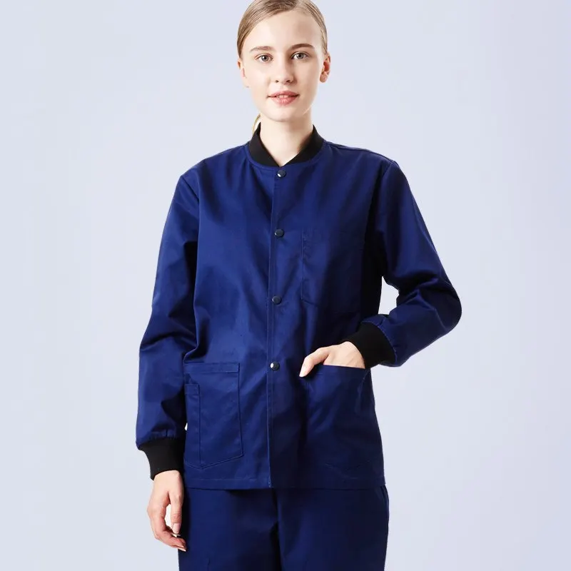 Deep Navy Jacket С длинным рукавом разминочный на каждый день Топы Куртка медсестры туника и защелкой спереди вязаными трикотажными манжетами зубной врач больница Куртка для открытого воздуха одежда лабораторный халат - Цвет: Deep Navy Jacket