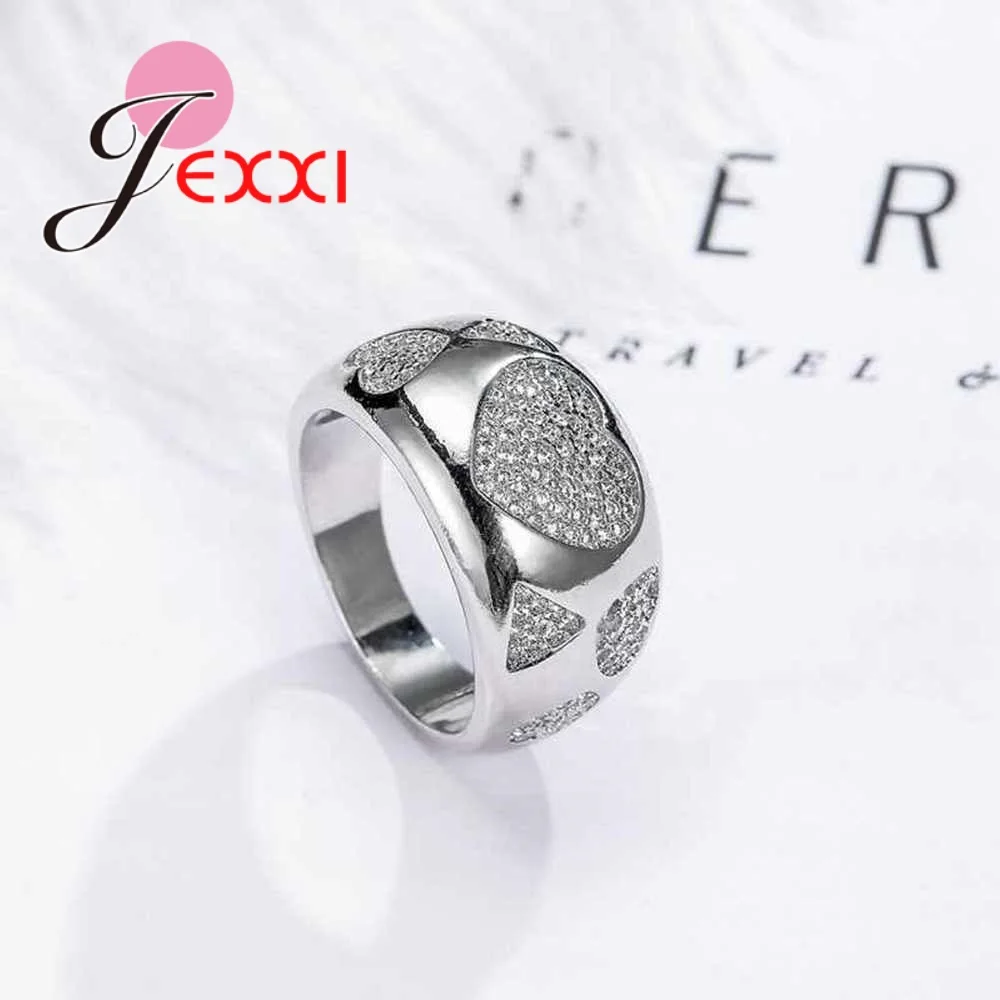 

Modern Wide Rings with White Cubic Zirconia Love Heart Shape 925 Sterling Silver Finger Jewelry for Women Wedding