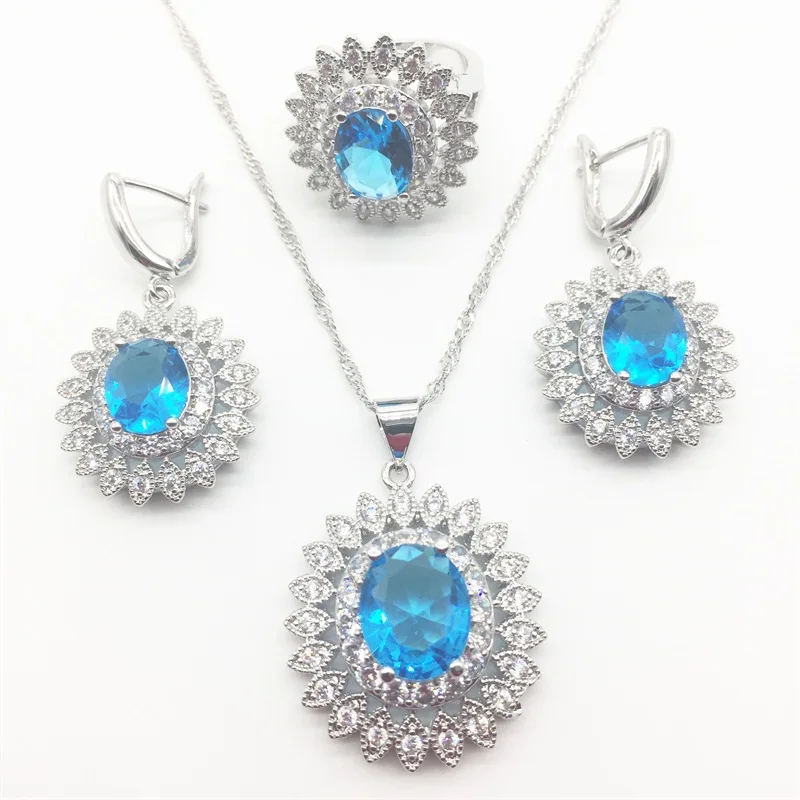Женский ювелирный комплект с цветком из белого циркония небесно-голубого