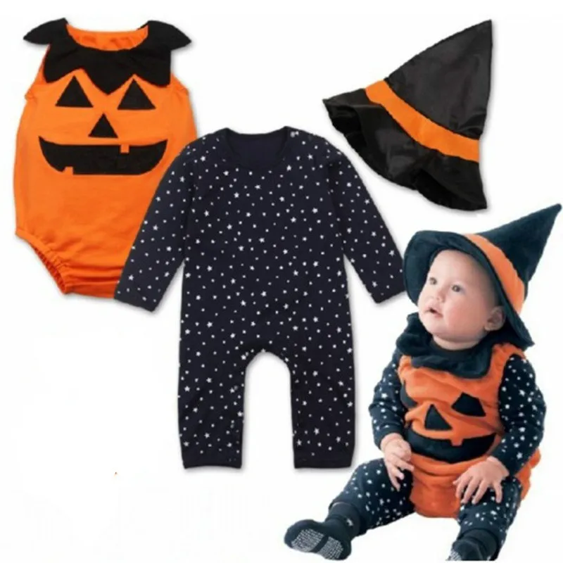 Halloween Baby Girls Boys Romper Children baby pumpkin overall Cotton kids Romper+Overall +Hat | Детская одежда и обувь