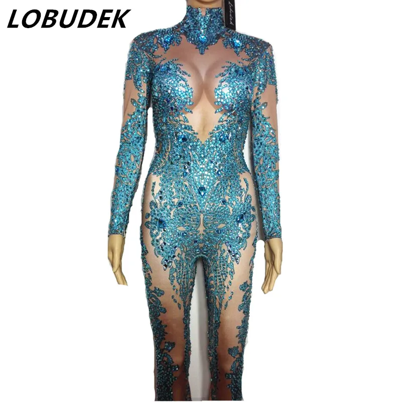 Shining Blue Rhinestones Jumpsuit Female costumes performance DJ DS show sexy Leotard Singer Dancer Nightclub slim stage Costume