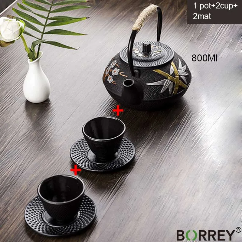 1 Teapot and 2 Cup BORREY, 800 мл, японский чугунный чайник, чайник с заваркой, черный чайник, слива, чугунная чайная чашка, металлический чайник, набор - Цвет: 1 Teapot and 2 Cup