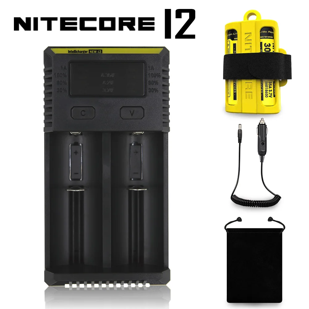 Топ Nitecore i2 intelli-зарядное устройство Универсальное зарядное устройство для AA AAA Li-Ion 26650 18650 14500 батареи зарядка+ Автомобильный Кабель - Цвет: New I2 Bag Car NBM40