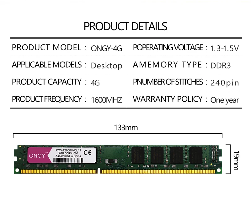 Оперативная память ONGY DDR3, 4 Гб, 1600 МГц, Настольная память, 240pin, 1,5 в, Новая Память DIMM для компьютера, оперативная память PC3L-1600U ddr 3 для Intel и AMD