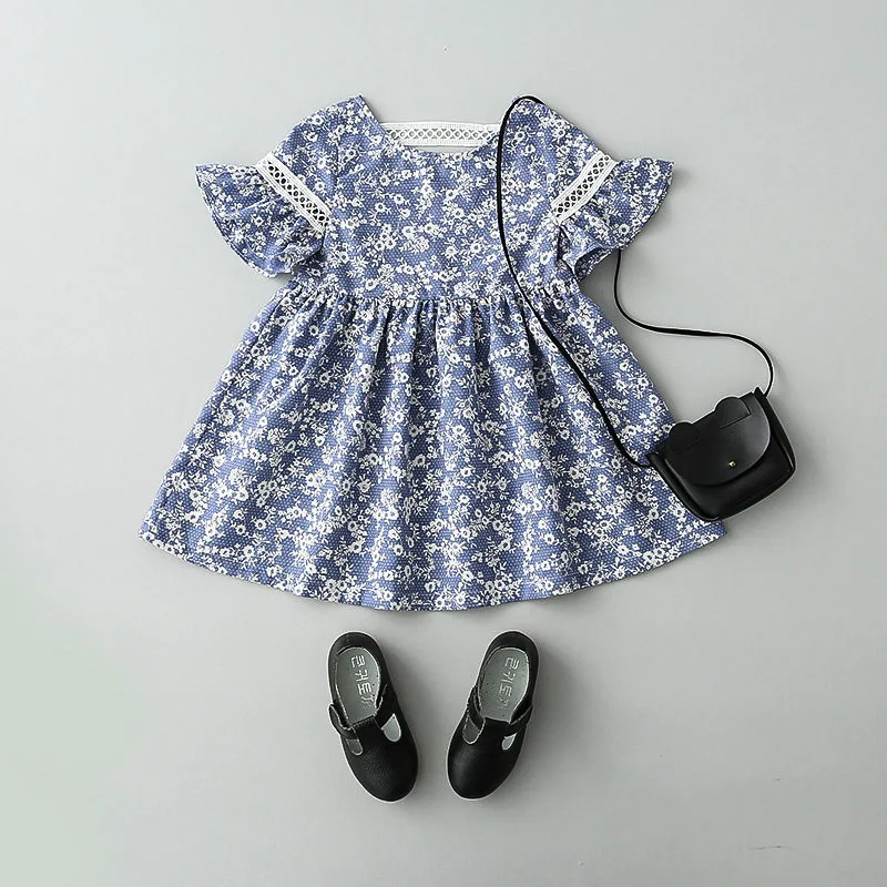 

cotton flowers floral girl dress founce girl ball gown summer sweet pleated dress bowknot hair band set girl party wearing
