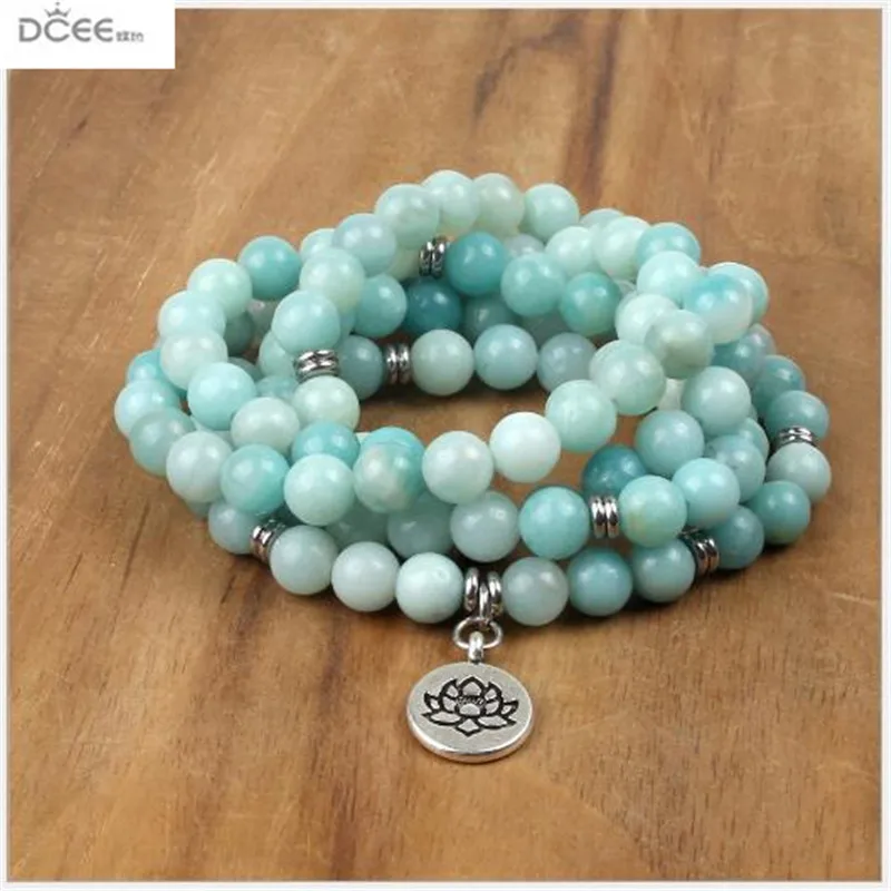 Popular High Quality 108 8mm Natural Amazon Stone Beads Mala Beaded Bracelet Yoga Necklace Lotus Pendant. | Украшения и