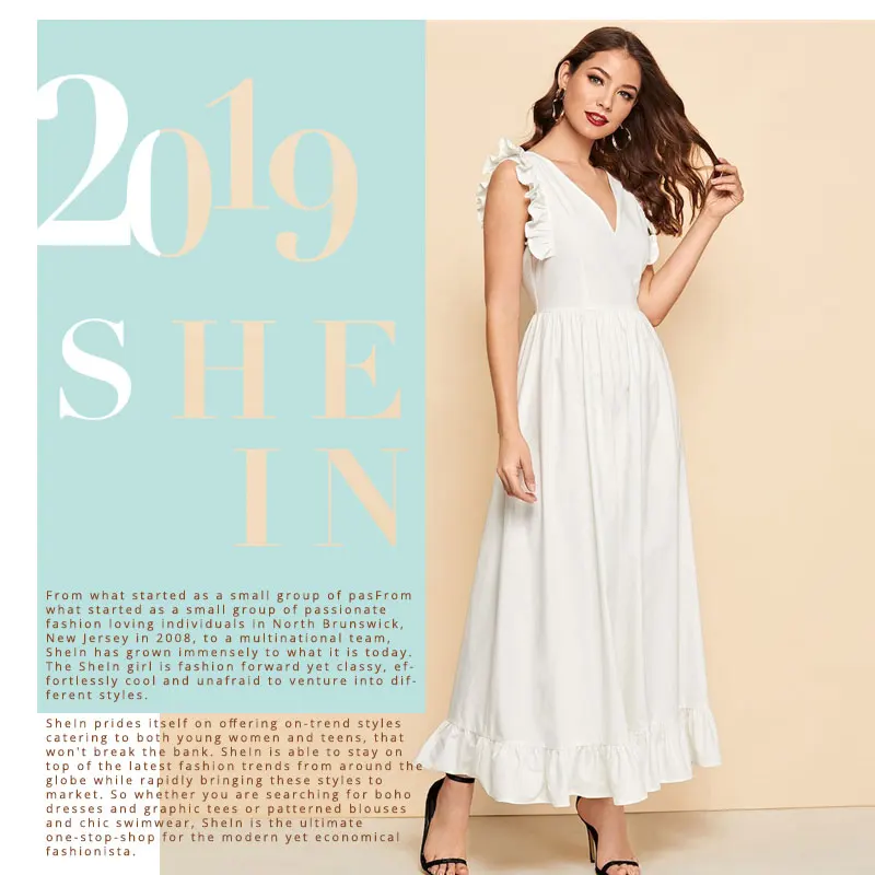 SHEIN Летнее Платье С V-Образным Вырезом И Оборками, Легкое Хлопковое Платье, Длинное Летнее Платье С Рукавами-Рюшами