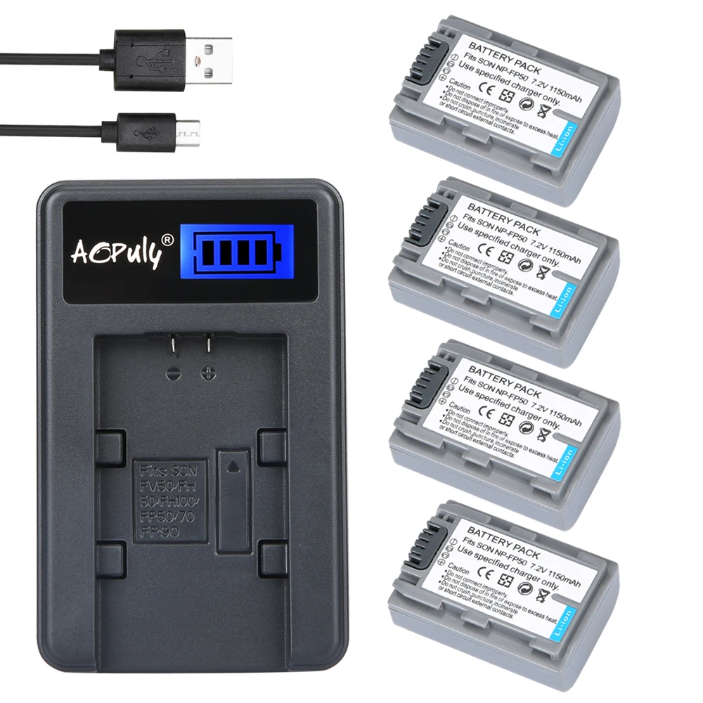 

4 Pcs Batteries FP50 NP-FP50 FP51 Battery + LCD USB Charger for SONY DCR-DVD105 DVD405 DVD605 DCR-HC21 DCR-HC26 DCR-30 DCR-HC28