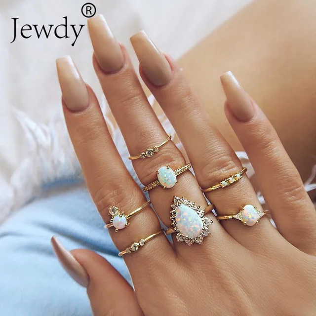1108 50 стилей Boho Панк для женщин полые треугольные капли воды стрелка солнце драгоценный камень кристалл набор серебряных колец личность девушка ювелирные аксессуары - Цвет основного камня: 1108