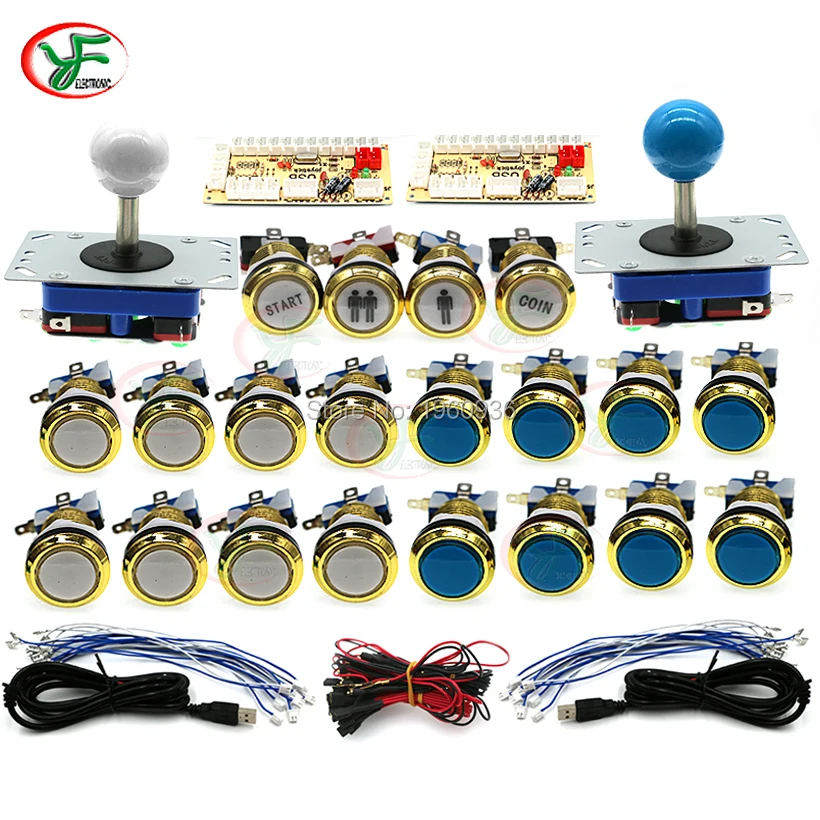 white blue button Аркадный джойстик DIY Kit Нулевая задержка Игровой Набор сделай сам 2 плеера USB энкодер для ПК аркадный джойстик+ светодиодный хром золото кнопки - Цвет: white blue button