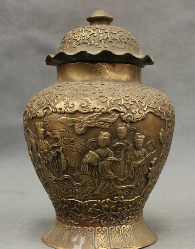 song voge gem S3273 Chinese Bronze Copper Fly Crane Court RuYi Belle Fairy Peach Statue Jug Jar Pot | Дом и сад