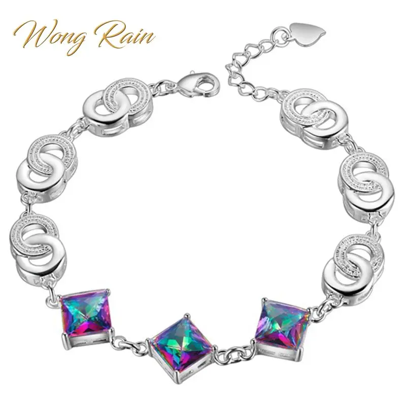 Wong Rain 925 пробы Серебряный мистический Радужный топаз драгоценный камень браслет Шарм браслет манжета ювелирные изделия для женщин Подарки Оптом