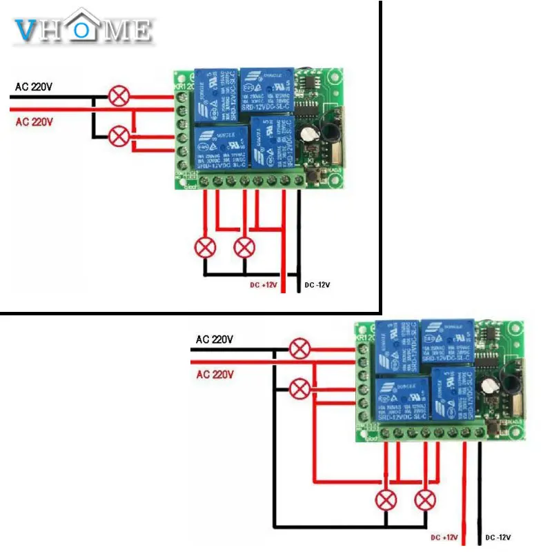 Vhome RF 433 МГц Универсальный Беспроводной дистанционного Управление выключатель AC 85V~ 250V 220V 4-канальный Релейный ресивер смарт-Управление