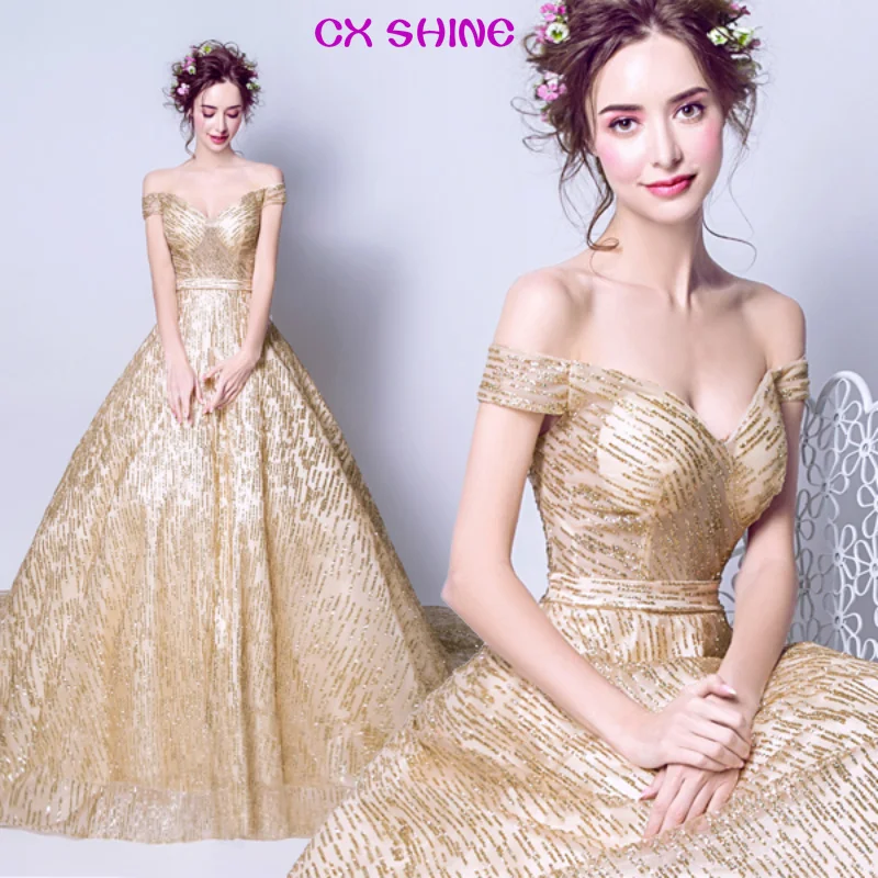 CX SHINE Gold train торжественное вечернее платье с открытыми плечами расшитое блестками
