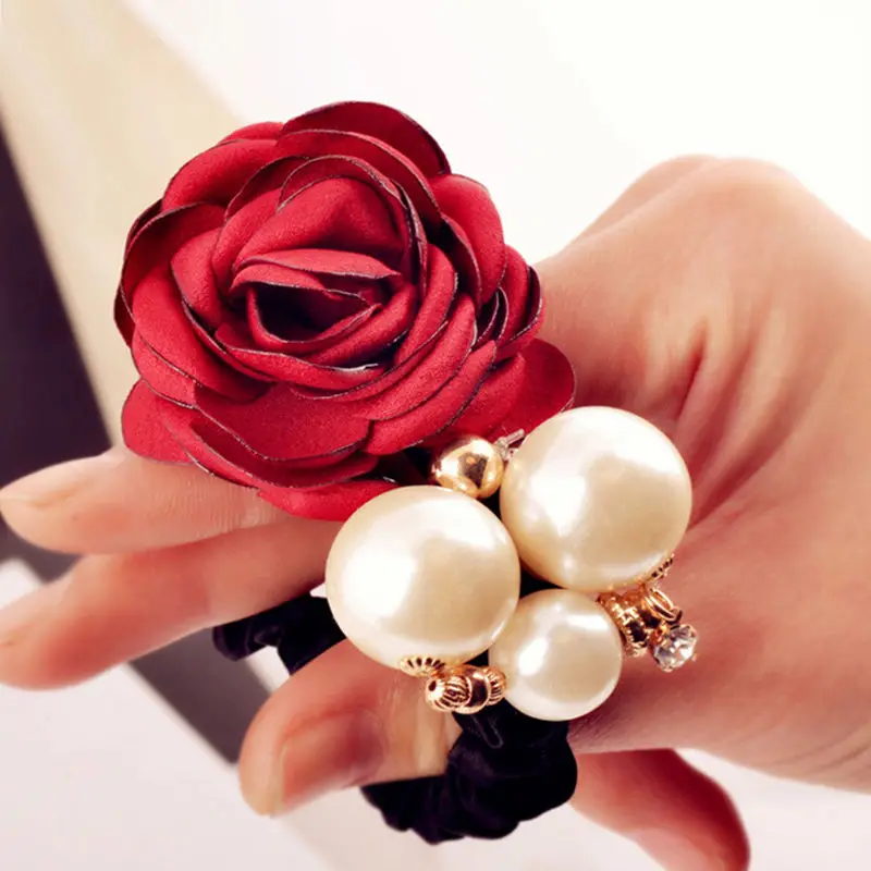 Повязка для волос атласная Женская эластичная лента с цветами и жемчужинами