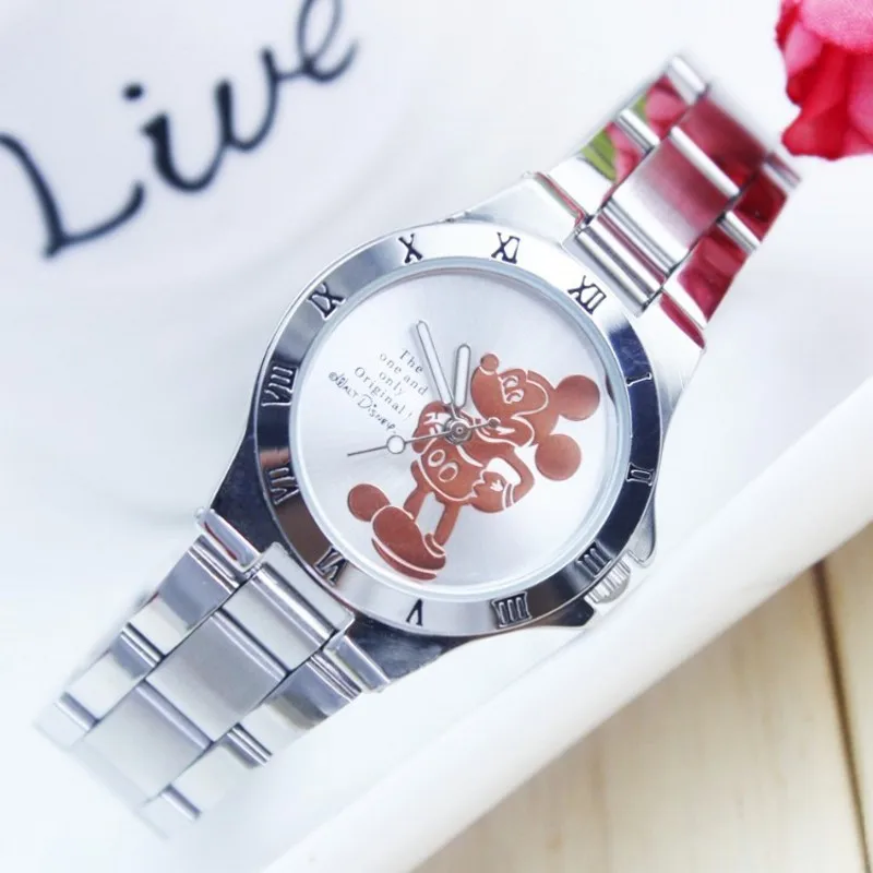 Модные роскошные часы Wach от ведущего бренда minnie desgin, мужские кварцевые часы с ремешком из нержавеющей стали и браслетом, мужские часы с Микки Маусом