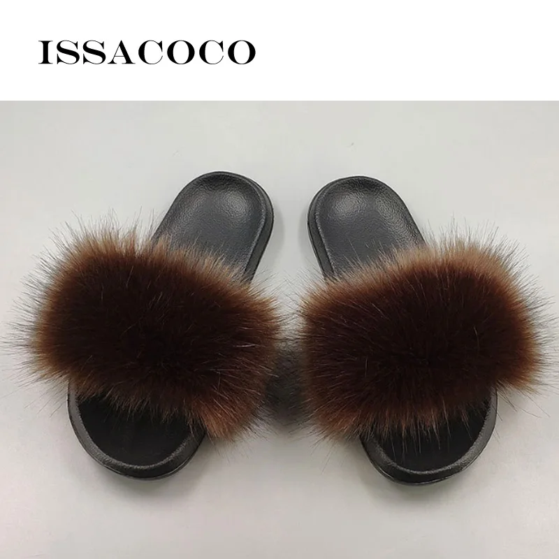 Brown ISSACOCO/зимние женские меховые тапочки; домашняя меховая обувь; теплые женские шлепанцы с лисьим мехом; Вьетнамки; пушистые сандалии - Цвет: Brown