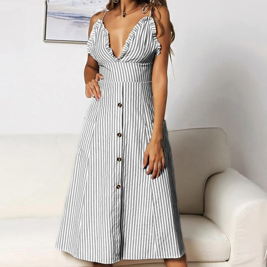 Женское Полосатое Платье с принтом повседневное летнее платье открытой спиной