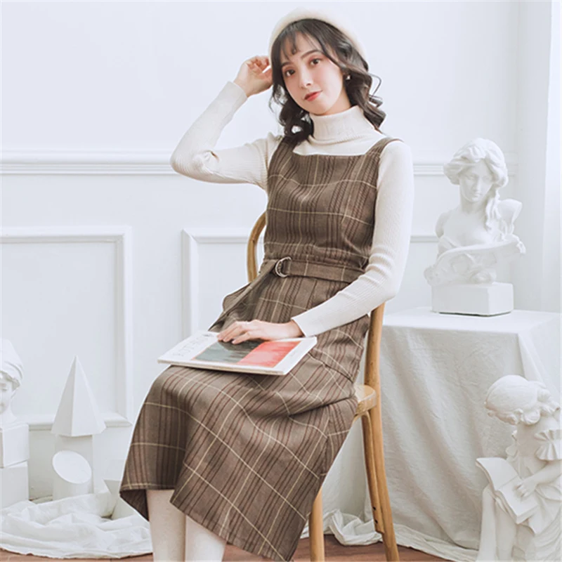 2019 летнее Новое корейское Темно-коричневое клетчатое платье в консервативном