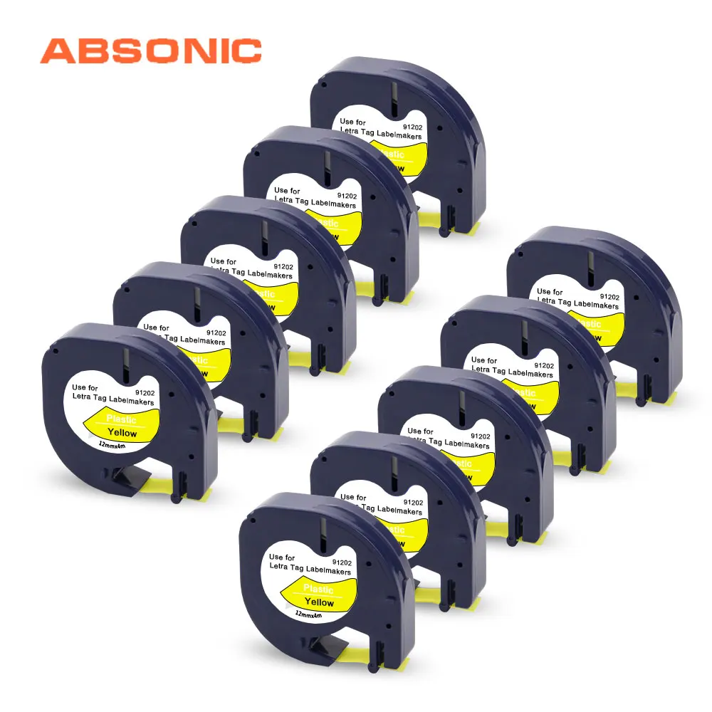 Absonic 10 шт. 91202 клейкая лента черная на желтом Dymo LetraTag LT 100H/LT 100T/LT 100T PLUS/LT 100H PLUS/QX