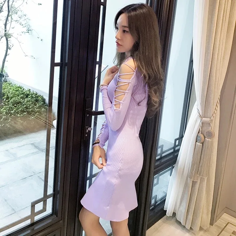 Новый сексуальный плечевой ремень вязаное платье | Женская одежда