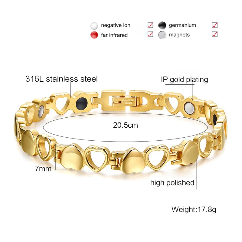 Vnox здоровый Средства ухода Магнитная Браслеты золото цвет сердце Нержавеющая