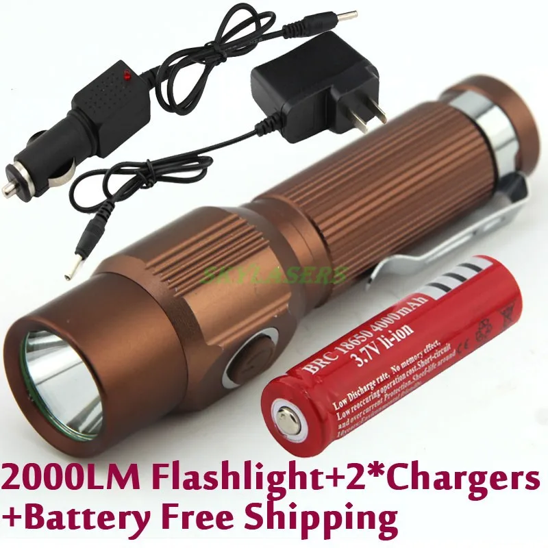 

2000LM 3-Modes Rechargeable Mini LED Flashlight Torch With Clip Use 18650 + Battery + Car Charger + AC Charger