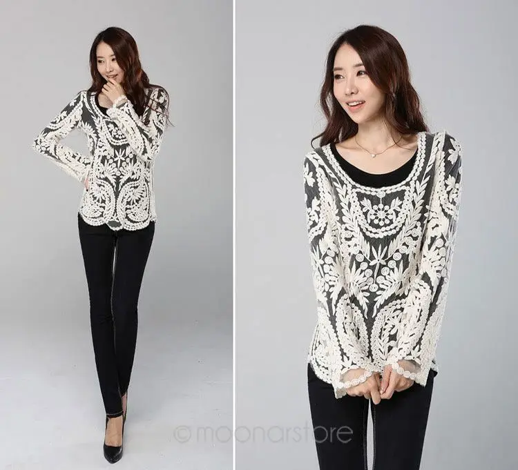 Blusas Femininas, женская сексуальная Кружевная блуза с длинным рукавом, топы, модные Ажурные вязаные топы
