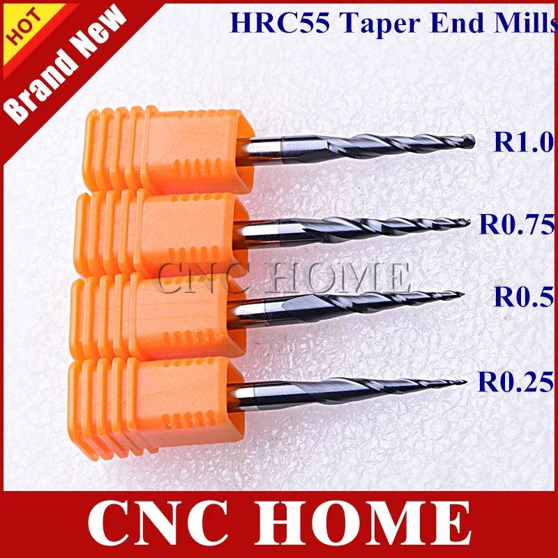 Набор концевых фрез комплект из 4 конусных насадок карбида вольфрама HRC55 R0.25 0 5 75 и
