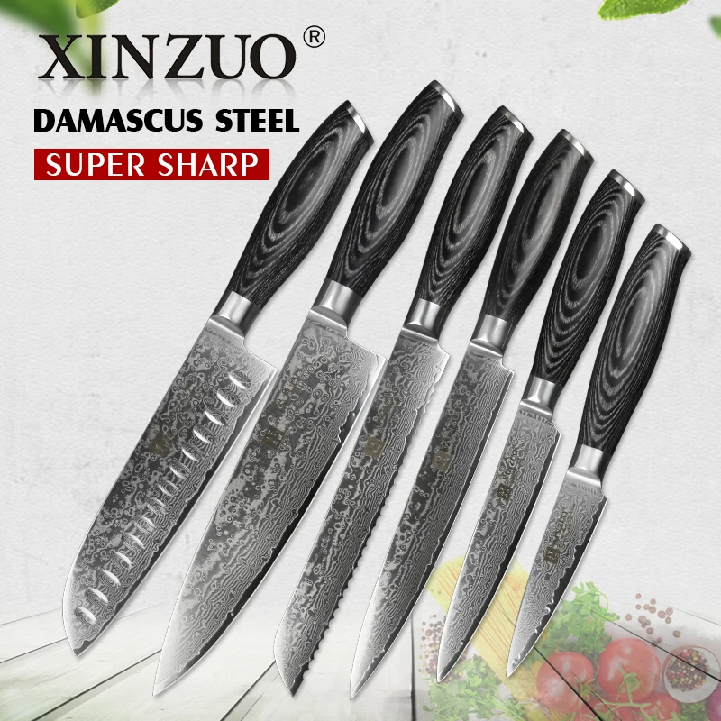 XINZUO 6 шт. кухонные ножи наборы высокоуглеродистой японской VG10 дамасской стали шеф-повара Santoku нож для хлеба с деревянной ручкой Pakka