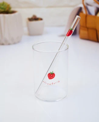 strawberry Мини кристально чистое стекло es с арбузом, клубникой, омлетом, бананом узором+ 4 прозрачных стеклянных боросиликатных соломинки для питья - Цвет: strawberry