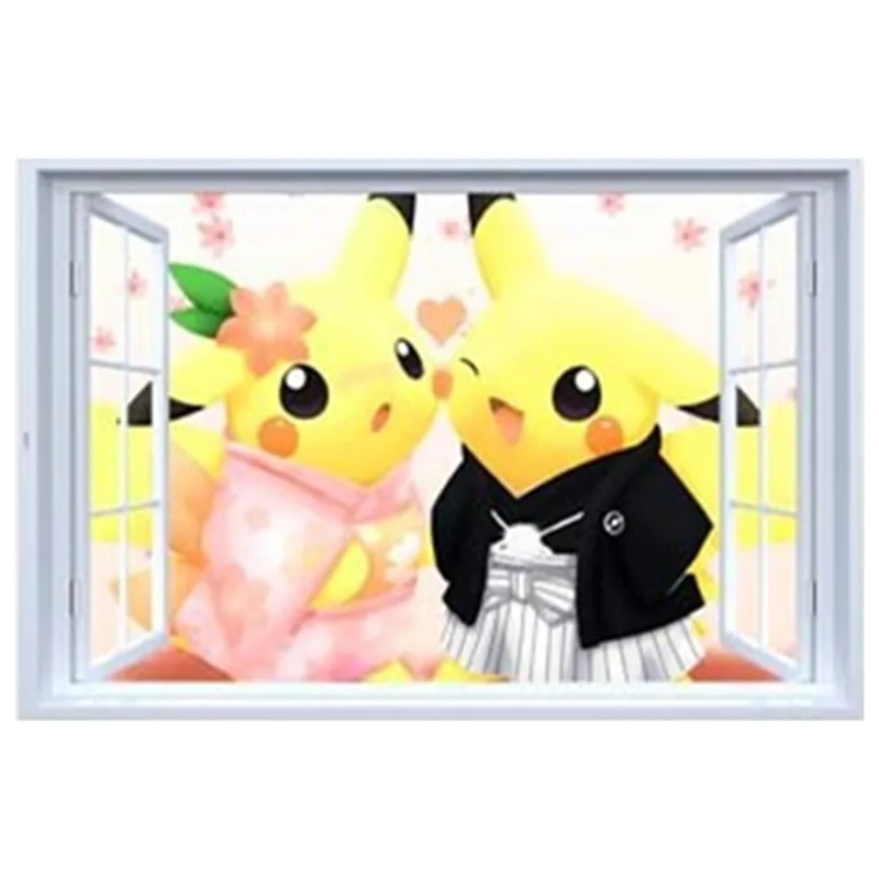 Pocket Monster game poster Baby Pikachu 3d Виниловые наклейки на стену с фальш окном для детских