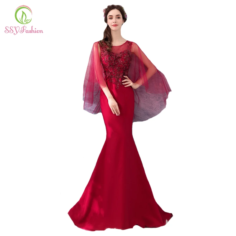 Женское вечернее платье SSYFashion Красное/винно-красное с кружевной аппликацией и