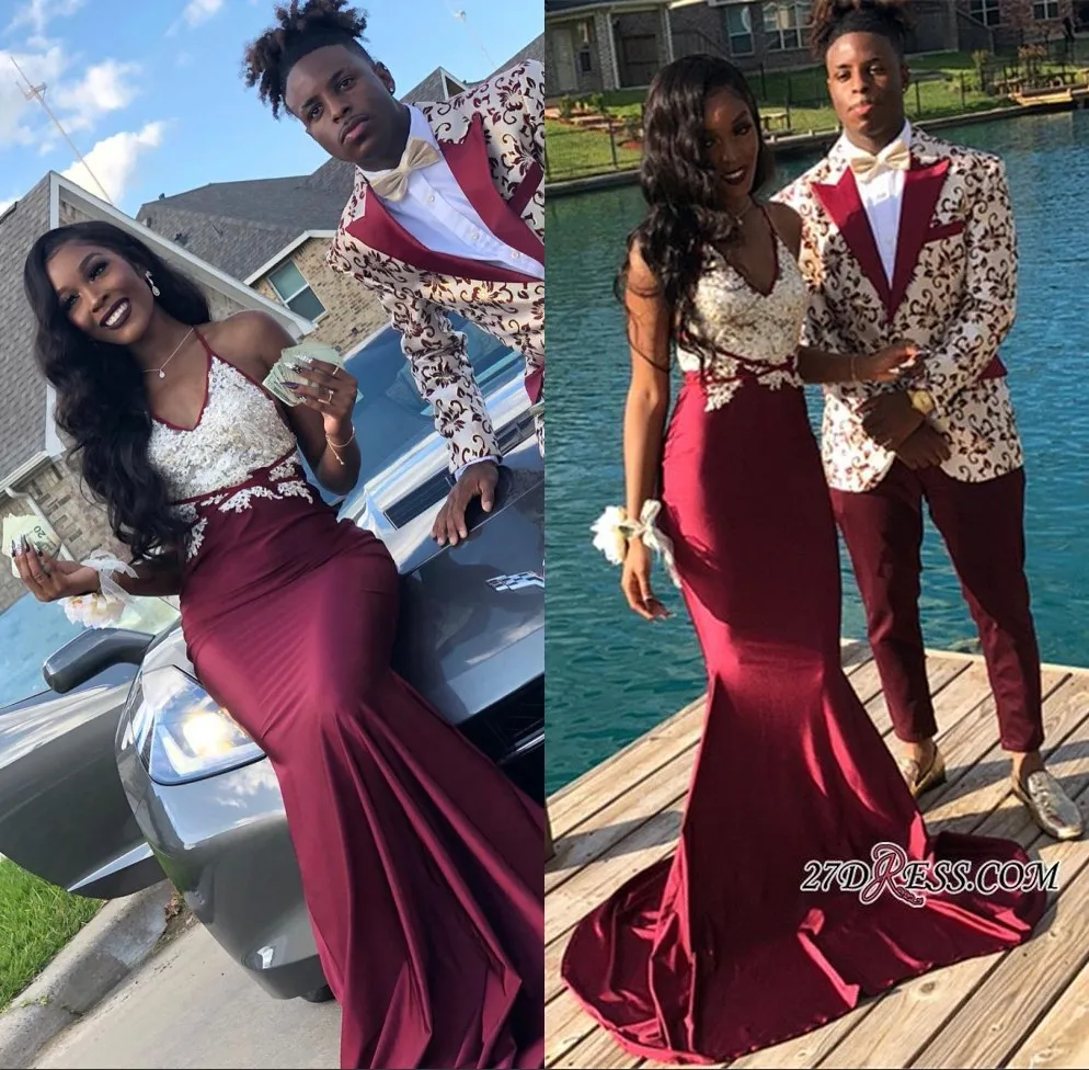 

Sexy Mermaid Burgundy Prom Dresses Long White Appliqued Pears V Neck Black Girls Prom Dresses Formal Party Gown