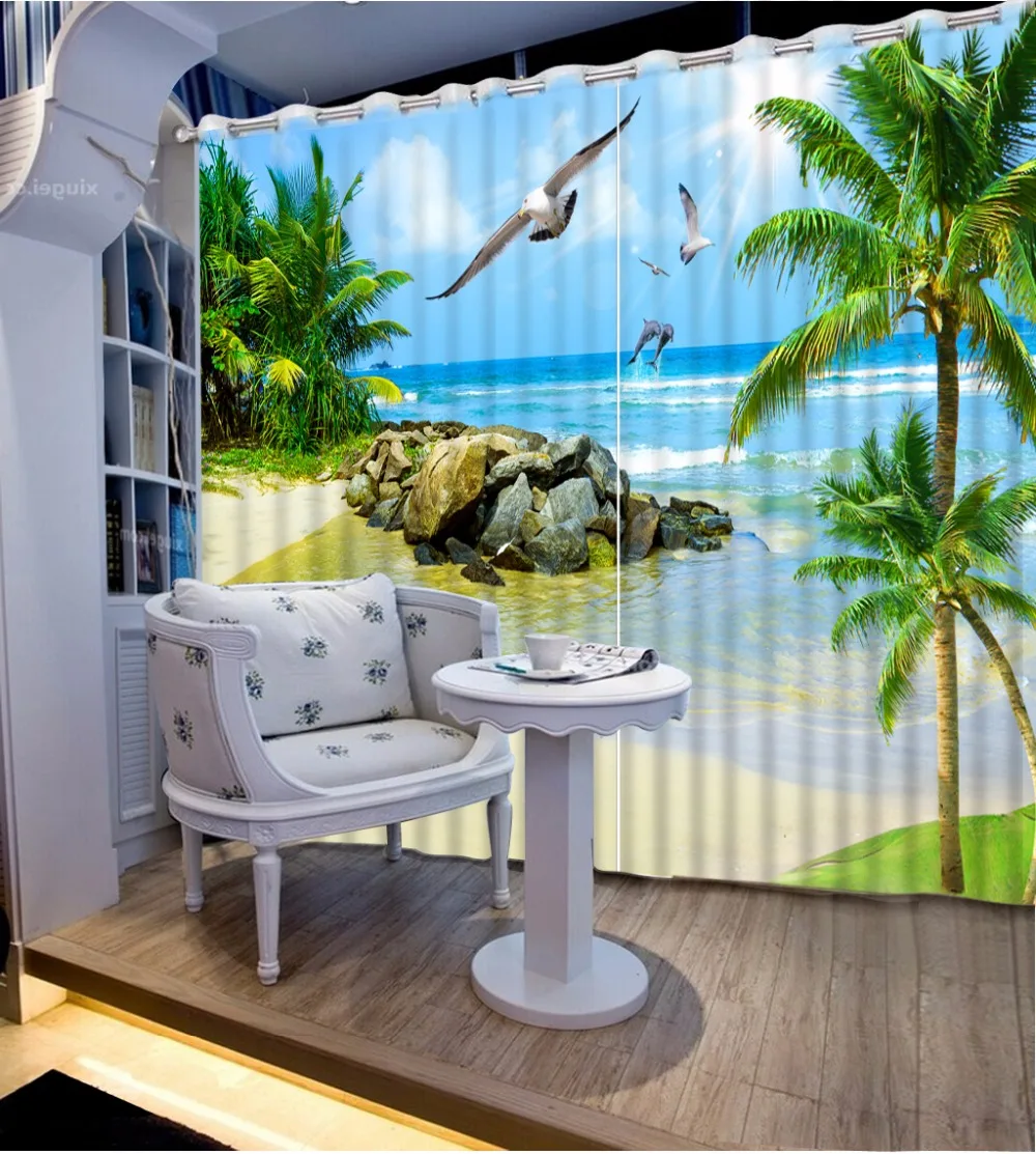 

Занавески 3D с морскими камнями, светонепроницаемые шторы с зелеными листьями для спальни, гостиной, офиса, гостиницы, s-образные, для ванной ...