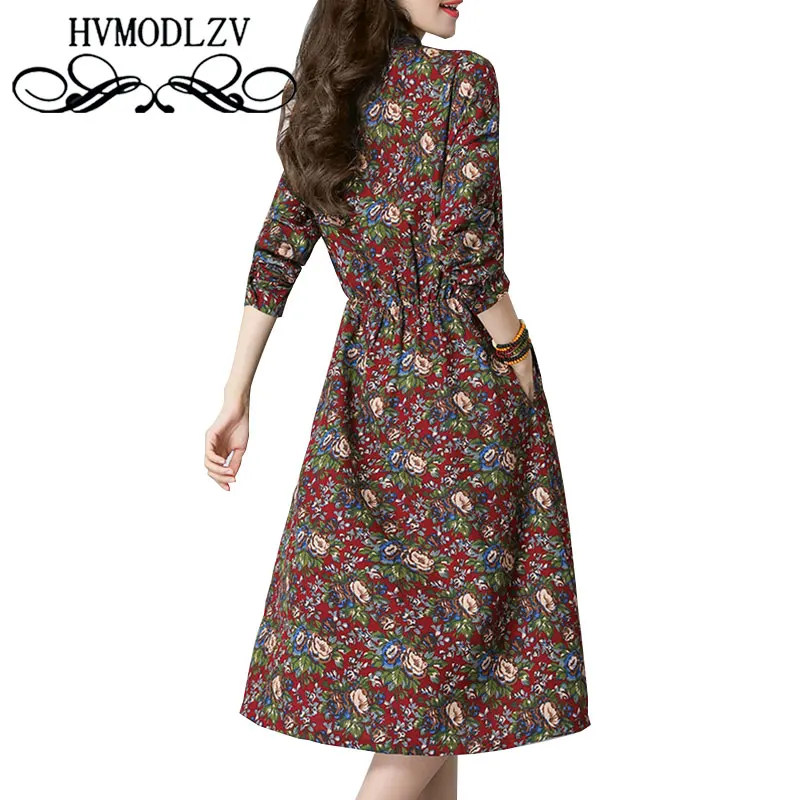 Женское Цветочное платье с длинным рукавом Длинное свободное воротником стойкой
