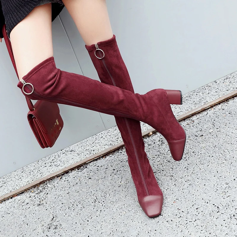 

ISNOM Over The Knee Women Boots Square Toe Zip Footwear Cow Leather Female Boot High Heels Stretch Shoes Woman 2019 New Spring