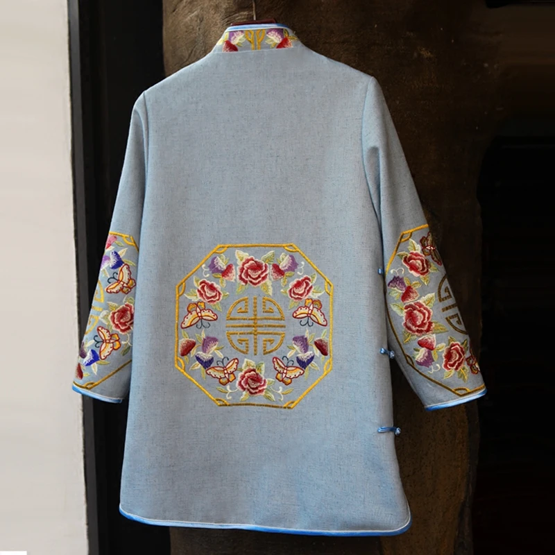 Online Sehen Orange 2018 Frühling Handarbeit Stickerei Leinen Buddhistischen Cheongsam Vintage Chinesischen Stil Jacke Tops SO3321