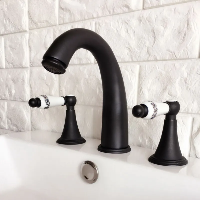 

Black Oil Rubbed Brass Widespread Dual Handle Bathroom Washing Basin Mixer Taps Deck Mounted 3 Holes Lavatory Sink Faucet ahg059